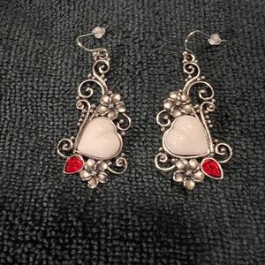 NWOT Victorian-Inspired Silver White and Red Heart Filigree Earrings